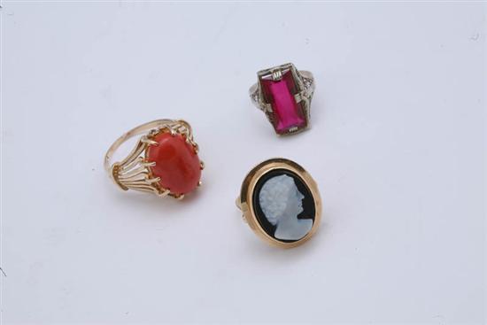 Appraisal: THREE RINGS Hardstone cameo hallmarked K ring size Coral cabochon