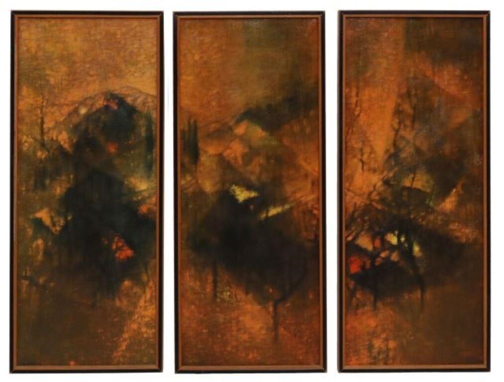 Appraisal: Framed print on stretched canvas triptych Oriental Sunset signed Lebadang