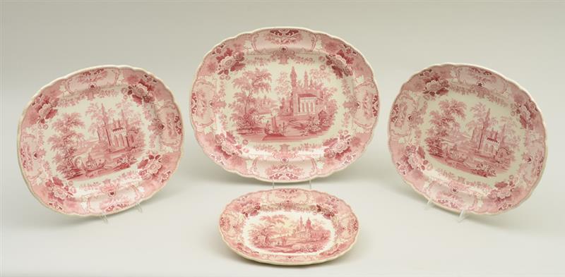 Appraisal: GROUP OF FOUR STAFFORDSHIRE RED TRANSFER-PRINTED GRADUATED PLATTERS PENNSYLVANIA BY