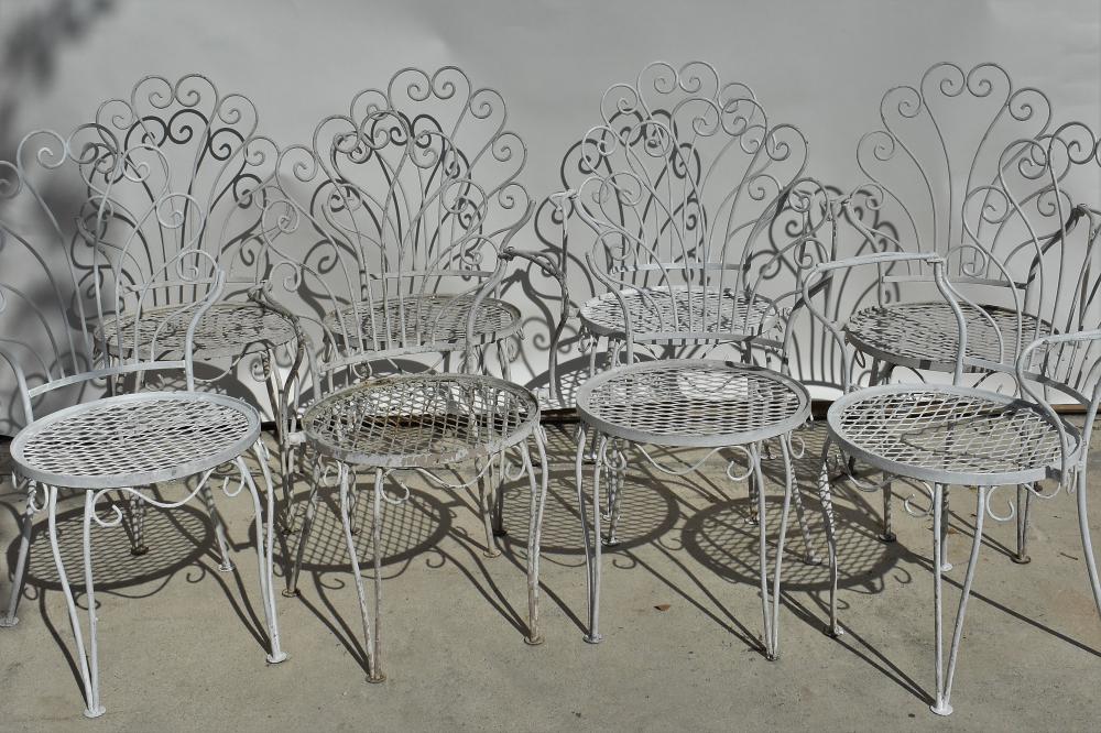 Appraisal: EIGHT SALTERINI STYLE PAINTED WROUGHT IRON PATIO CHAIRSCirca One chair