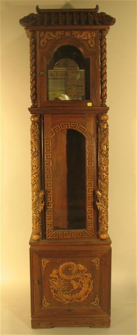 Appraisal: CHINESE CARVED GRANDFATHER CLOCK CASE th century the top shaped