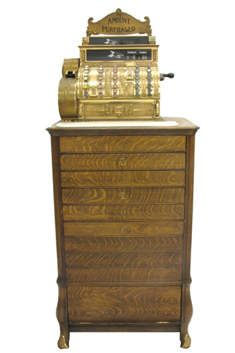 Appraisal: BRASS CASH REGISTER ON SIX-DRAWER OAK PEDESTAL the National Cash