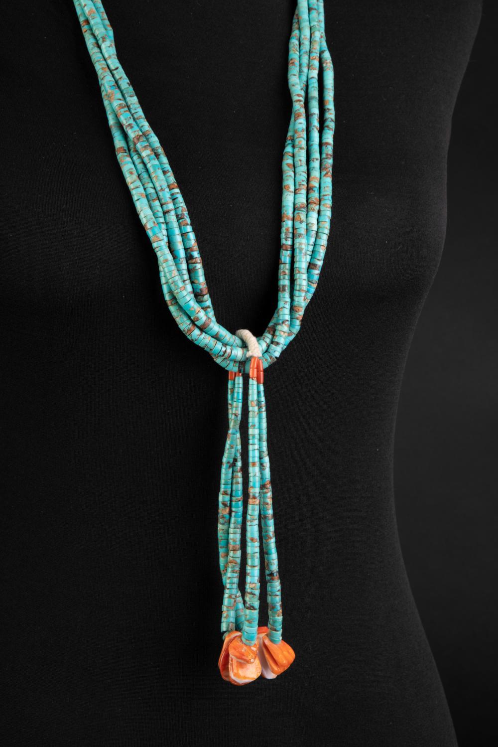 Appraisal: SANTO DOMINGO FOUR STRAND NATURAL TURQUOISE AND CORAL NECKLACE WITH