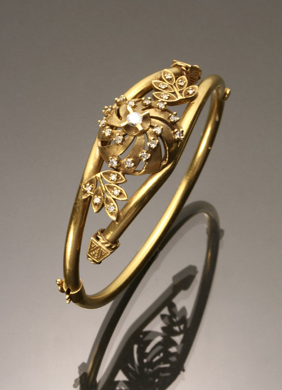 Appraisal: Edwardian -Karat Yellow-Gold and Diamond Bangle Bracelet Circa Set with