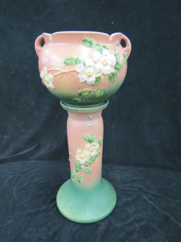 Appraisal: Roseville Pottery White Rose Jardiniere Pedestal pink green jardiniere -