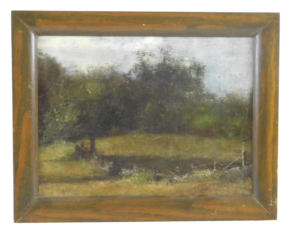 Appraisal: Burr Sisters Landscape oil on canvas-board depicts dark summer landscape