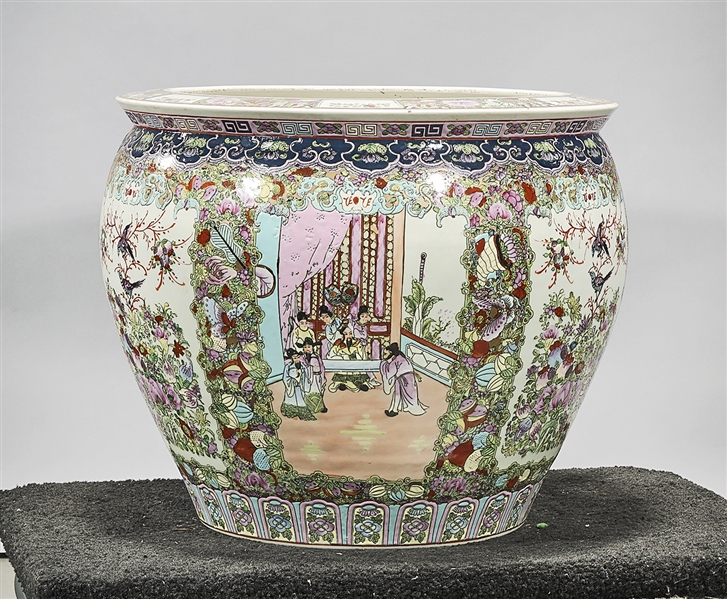 Appraisal: Chinese enameled porcelain fish bowl court scene flanked by floral