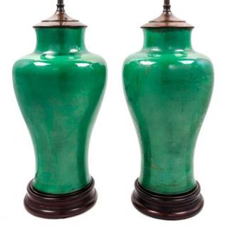 Appraisal: A Pair of Green Glazed Porcelain Vases Height overall inches