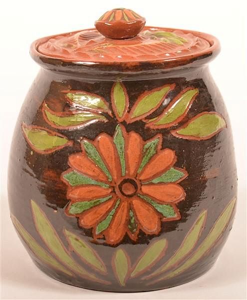 Appraisal: Contemporary Redware Jar Attributed to Kiaser Contemporary Redware Pottery Covered