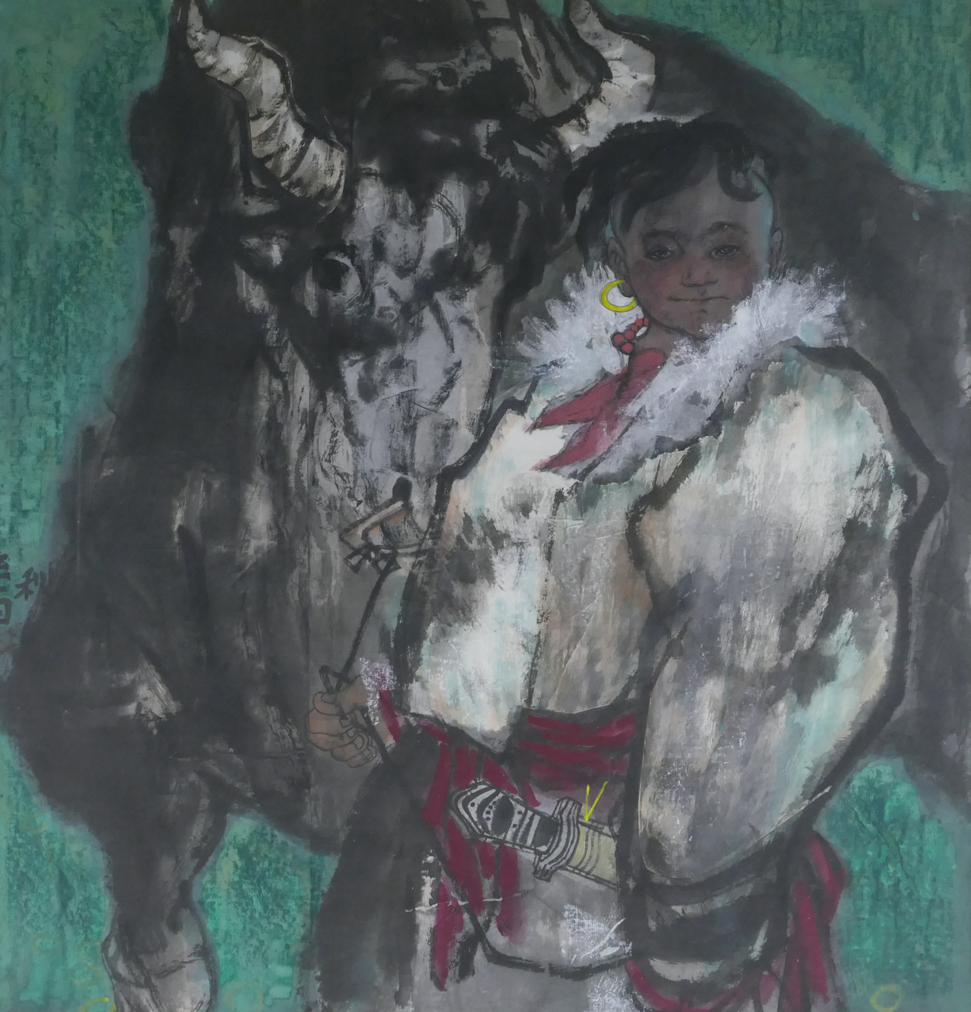 Appraisal: Chinese Modernist ''Warrior with Ox'' Watercolor on Paper ''x ''