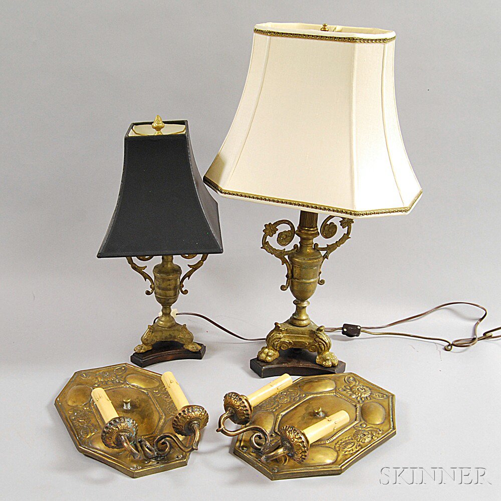 Appraisal: Four Brass Lighting Devices two urn-form candlesticks electrified and a