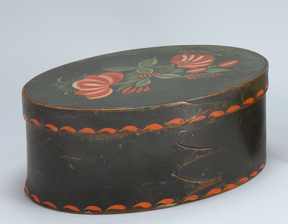 Appraisal: ANTIQUE OVAL PAINTED WOODEN BOX With four finger construction Probably