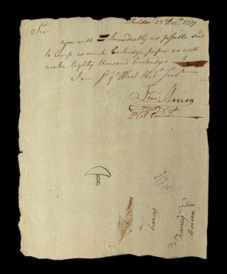 Appraisal: Francis Marion signed war letter three-line autograph Revolutionary War letter