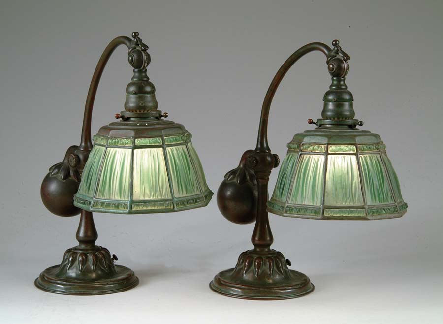 Appraisal: RARE PAIR TIFFANY LINENFOLD LAMPS Two Tiffany Studios counterbalance table