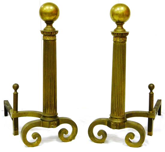 Appraisal: Pair of brass andirons th C fluted columnar form with