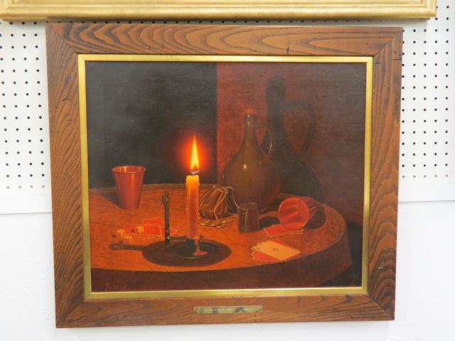 Appraisal: Richard Rusche oil luministic still life with candle cards dice