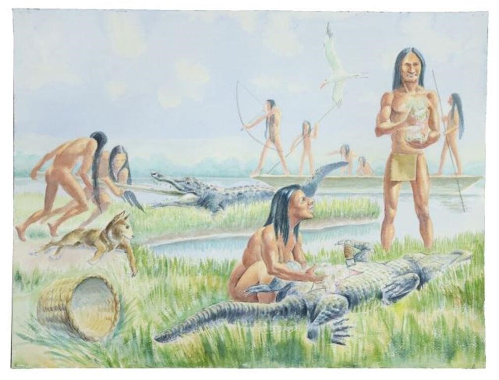 Appraisal: Unframed watercolor painting on paper Karankawa People Hunting Alligators signed