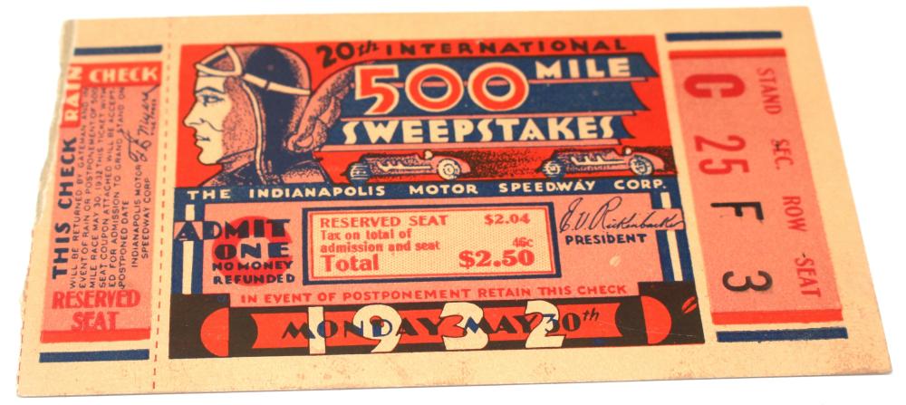 Appraisal: INDIANAPOLIS TICKET STUB Indianapolis Ticket Stub Indianapolis Ticket Stub