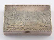 Appraisal: A silver snuff box with engraved hunting scene Dutch marks