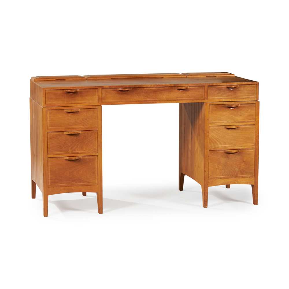 Appraisal: EDWARD BARNSLEY - TWIN-PEDESTAL DESK CIRCA walnut with sycamore inlay