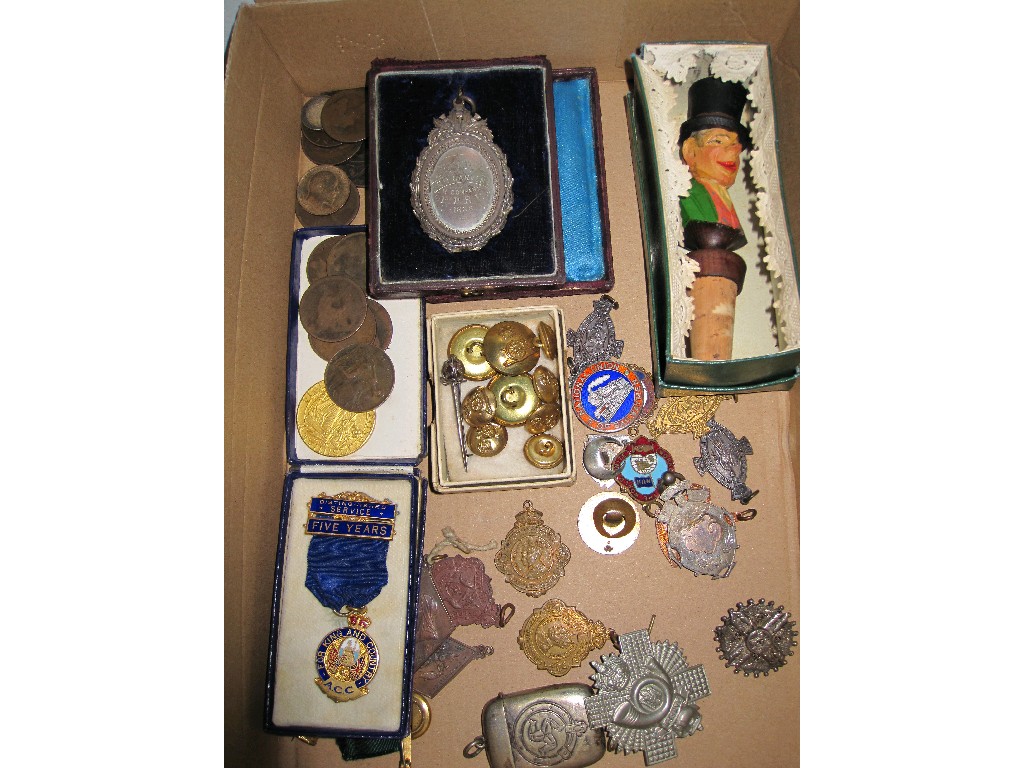 Appraisal: Box of miscellania - medals badges coins etc