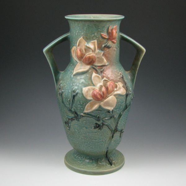 Appraisal: Roseville Magnolia handled vase in blue Marked Roseville USA -