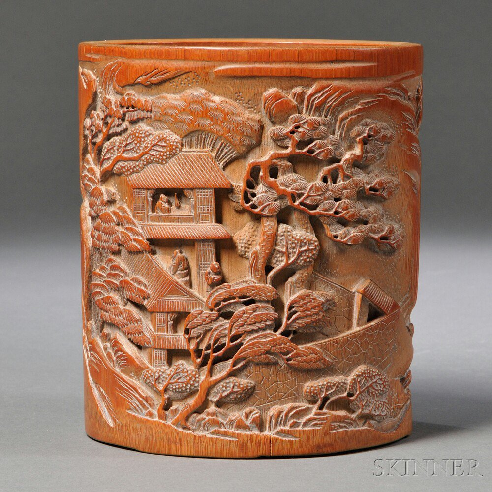 Appraisal: Carved and Inscribed Bamboo Brush Pot China th th century