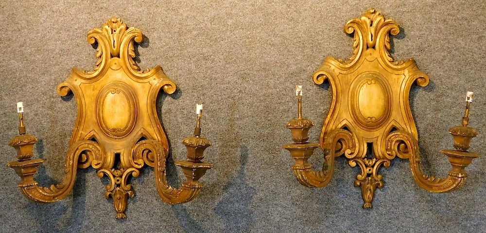 Appraisal: PR European Carved Gilt Wood Cartouche Sconces Europe Late th-Early