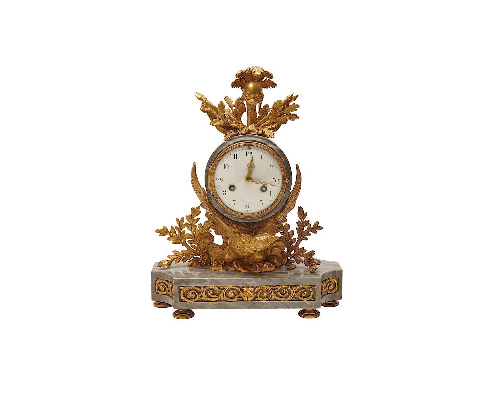 Appraisal: Empire Ormolu Mounted Gray Marble Mantel Clock th century Empire