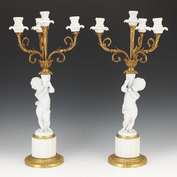 Appraisal: BISQUE PORCELAIN AND GILT CANDELABRAS x - Bisque porcelain pair