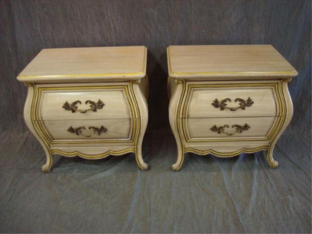 Appraisal: Pair Louis XV style painted Bombe end tables Central Park