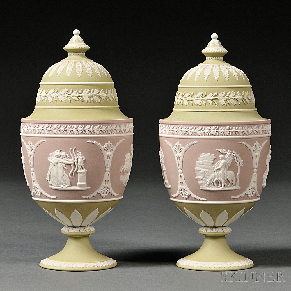 Appraisal: Pair of Wedgwood Three-color Jasper Dip Vases and Covers England