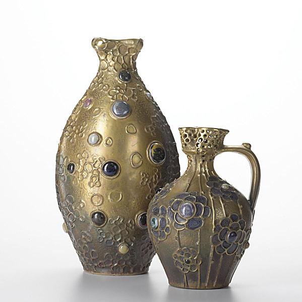 Appraisal: HANS RIESSNER Attr RIESSNER KESSELTwo Amphora ceramic vessels in Gres-Bijou