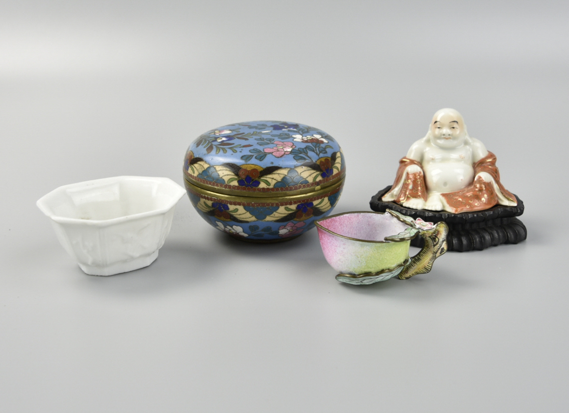 Appraisal: PORCELAIN BUDDHA CUP ENAMEL CUP CLOISSONE BOX A Chinese porcelain