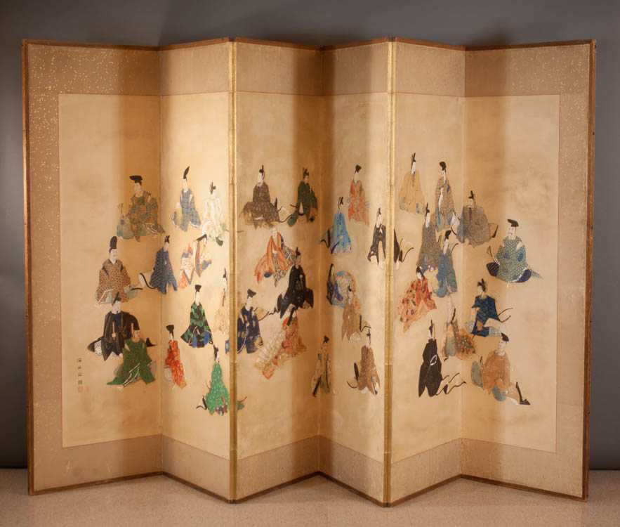 Appraisal: SIX-PANEL JAPANESE SANJU ROKKASEN PAPER SCREEN Meiji period th century