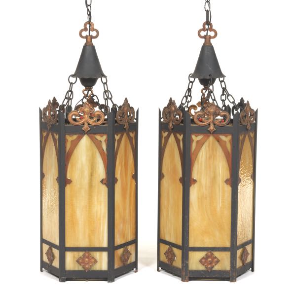 Appraisal: GOTHIC STYLE CHAIN SUSPENDED LIGHTS CA Hexagon shape wide x