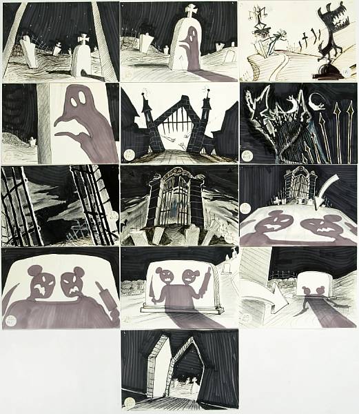 Appraisal: Thirteen storyboard drawings from Tim Burton s The Nightmare Before