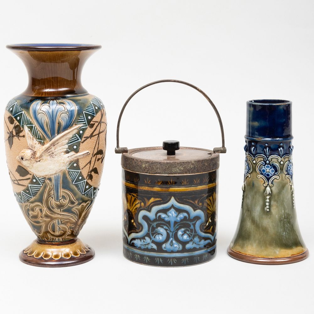 Appraisal: Two Doulton Glazed Earthenware Vases and a Metal-Mounted Biscuit Jar