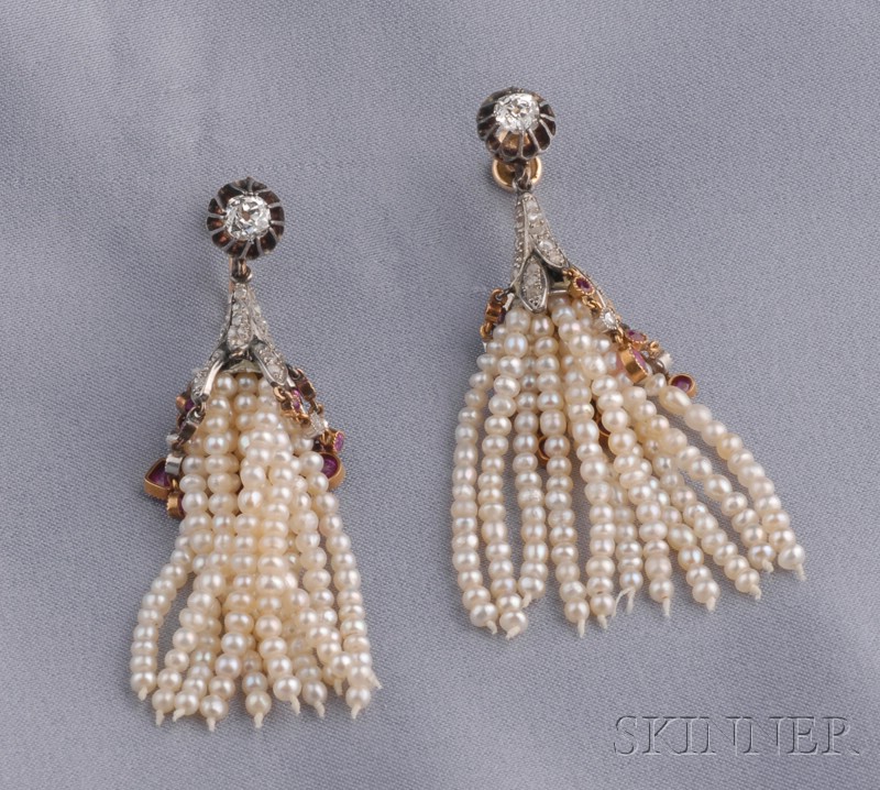 Appraisal: Diamond Ruby and Seed Pearl Tassel Earpendants each designed as