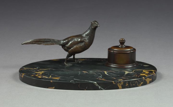 Appraisal: Large Oval French Bronze-Patinated Brass and Portor Marble Pheasant Encrier