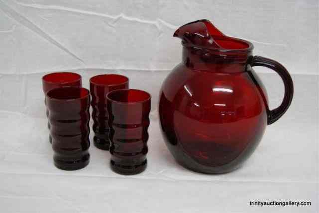 Appraisal: Vintage Royal Ruby Glass oz Pitcher TumblersProduced by Anchor Hocking