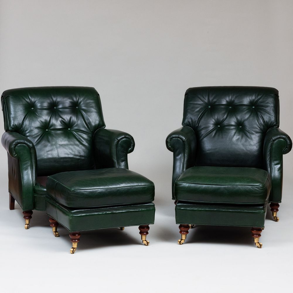 Appraisal: Pair of Green Leather Club Chairs and Ottomans Scully Scully