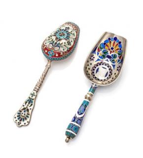 Appraisal: Two Russian Silver and Plique-a-Jour Sugar Scoops Mark of Antip