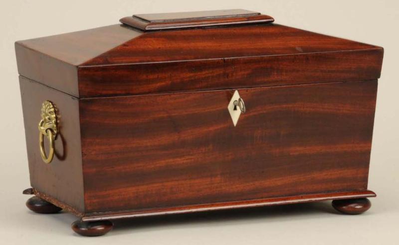 Appraisal: Regency Sarcophagus Top Mahogany Tea Caddy Description Circa With brass