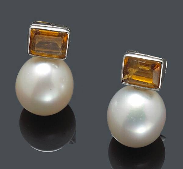 Appraisal: A pair of South Sea cultured pearl citrine and k