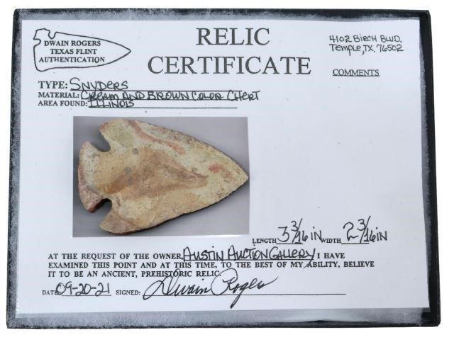 Appraisal: Snyders Hopewellian projectile point Illinois approx l w authentication by