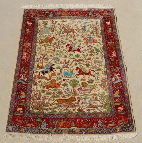 Appraisal: HAND TIED FINE PERSIAN TABRIZ HUNT SCENE CARPET With figures