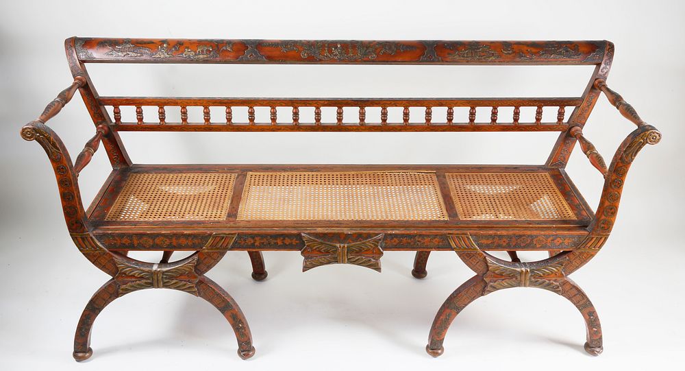 Appraisal: Continental Decorated Caned Seat Double Back Arm Bench circa Continental