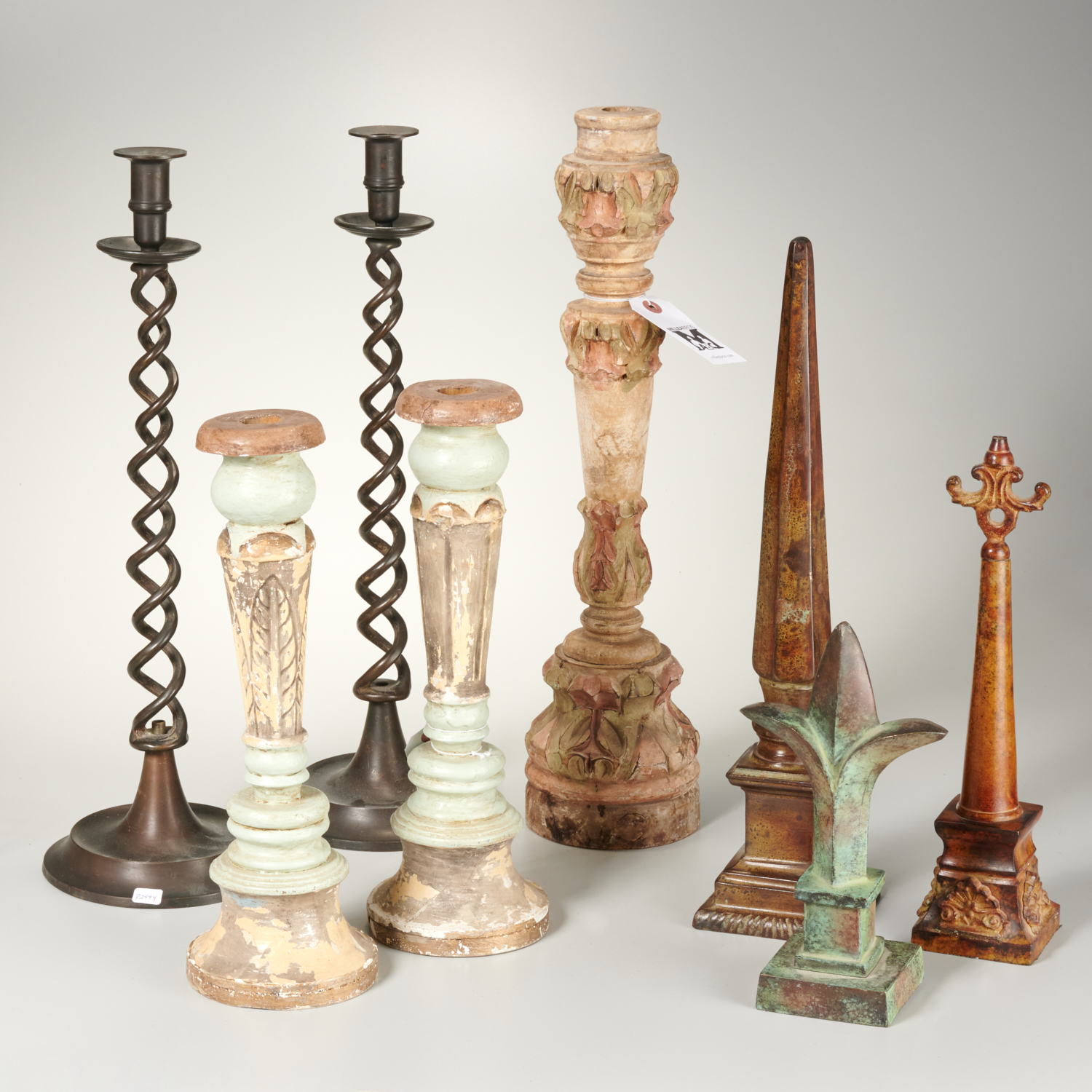 Appraisal: GROUP INTERIOR DESIGN CANDLESTICKS OBELISKS th st c pcs incl