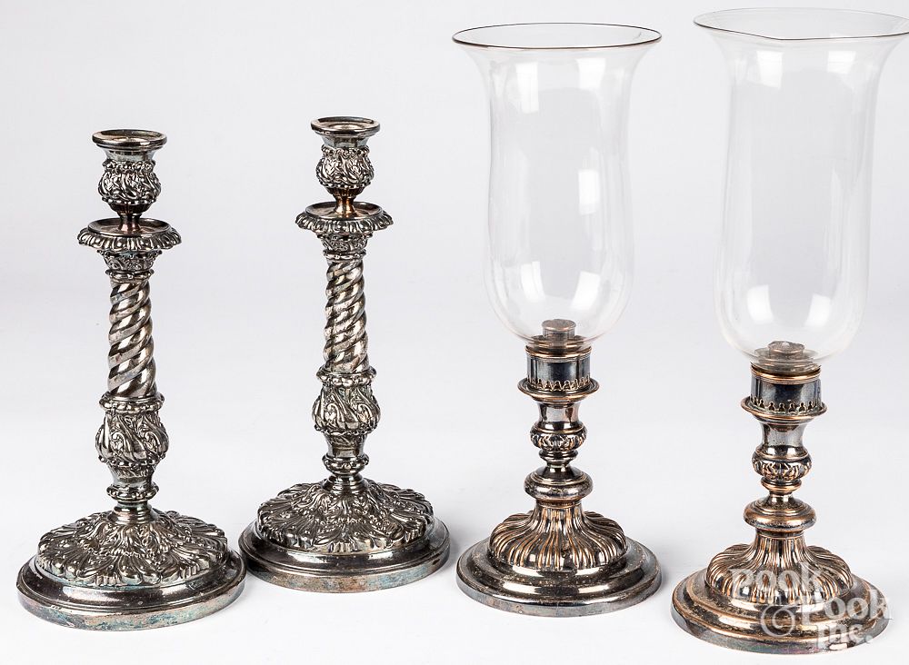 Appraisal: Pair of Sheffield plate candlesticks early th c Pair of